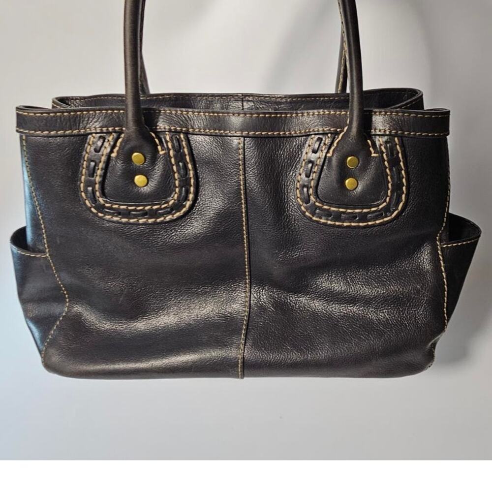 Fossil Black Leather Tote Bag Whipstitch Detail Y2K Slouchy Shoulder Bag Vintage